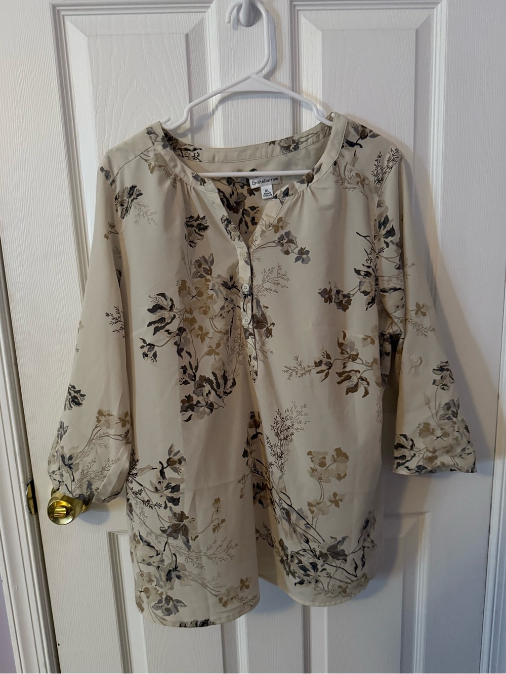 croft & barrow Cream Floral Henley Tunic with Brown and Gray Print